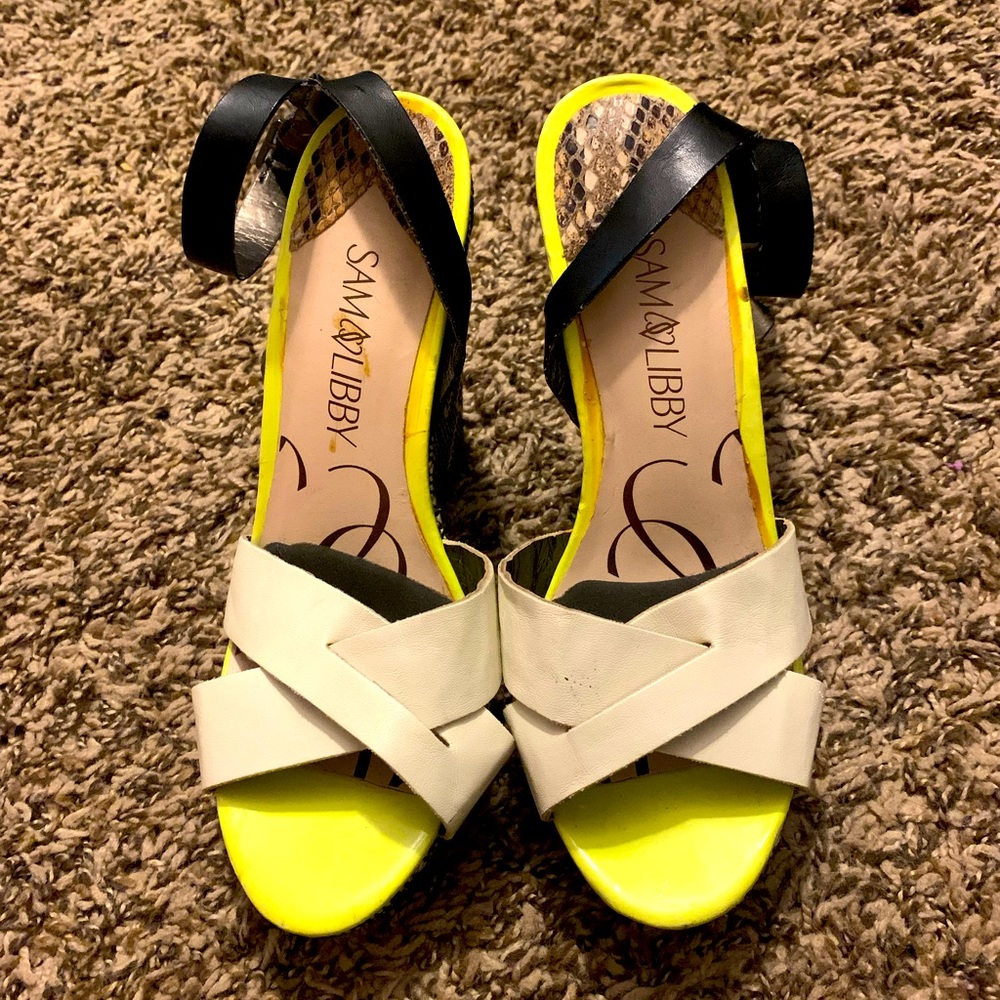 Sam & Libby Yellow, Black & White Crisscross Wedge Sandals